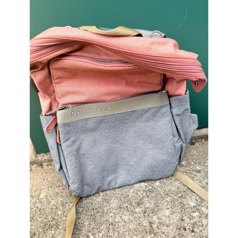 PandaEar Diaper Bag Backpack Pink‎ Gray Canvas Multi Pocket Travel Kids Baby Bag